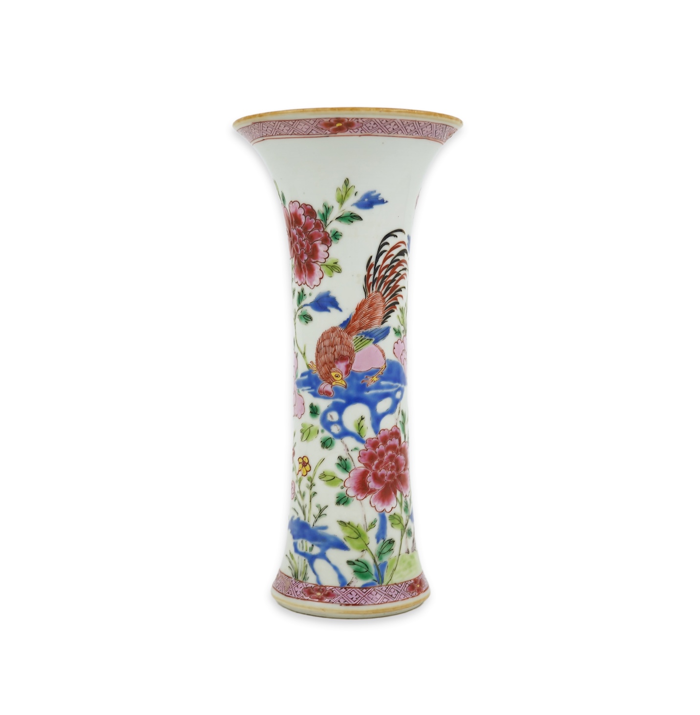 A Chinese famille rose ‘cockerel’ beaker vase, Qianlong period